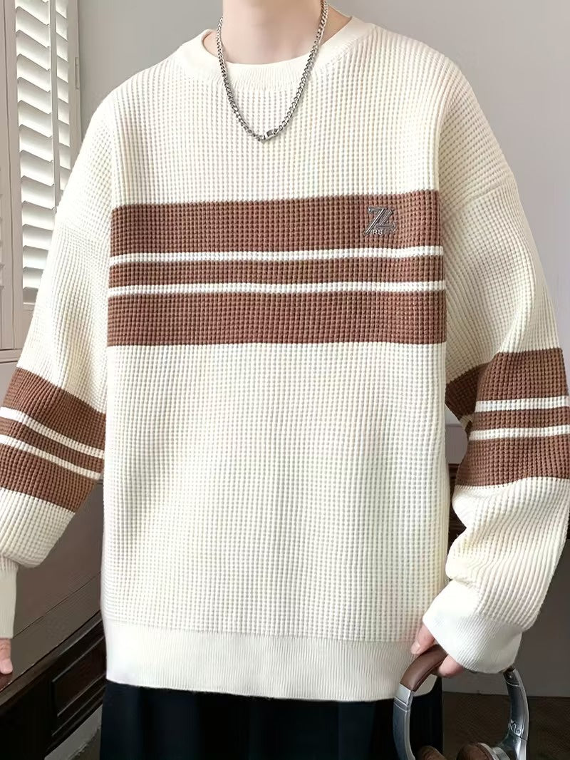 Men’s Waffle-Knit Sweater with Horizontal Stripes