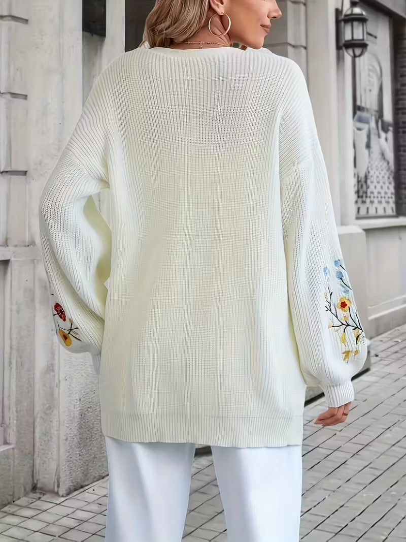 Women's Open-Front Cardigan with Floral Embroidery