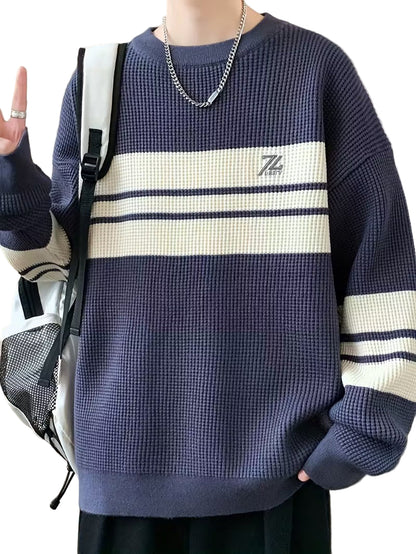 Men’s Waffle-Knit Sweater with Horizontal Stripes