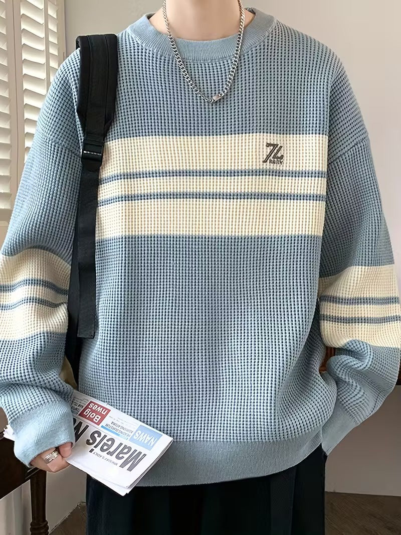 Men’s Waffle-Knit Sweater with Horizontal Stripes