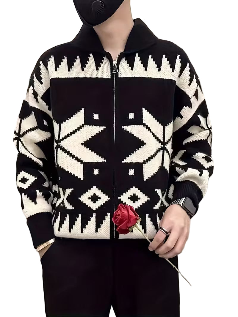 Men’s Zip-Front Cardigan with Geometric Pattern