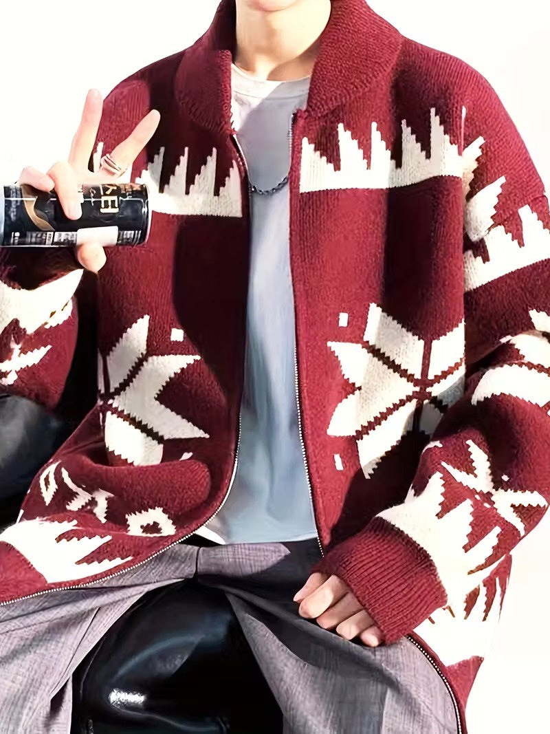 Men’s Zip-Front Cardigan with Geometric Pattern