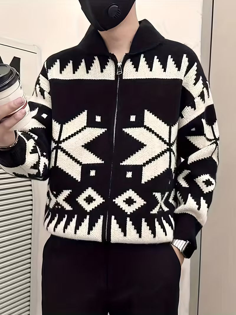 Men’s Zip-Front Cardigan with Geometric Pattern