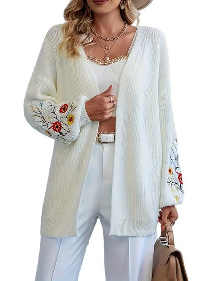 Women's Open-Front Cardigan with Floral Embroidery