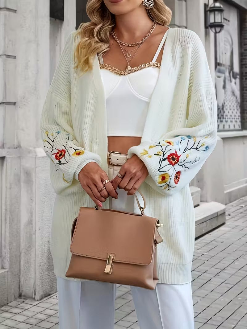 Women's Open-Front Cardigan with Floral Embroidery