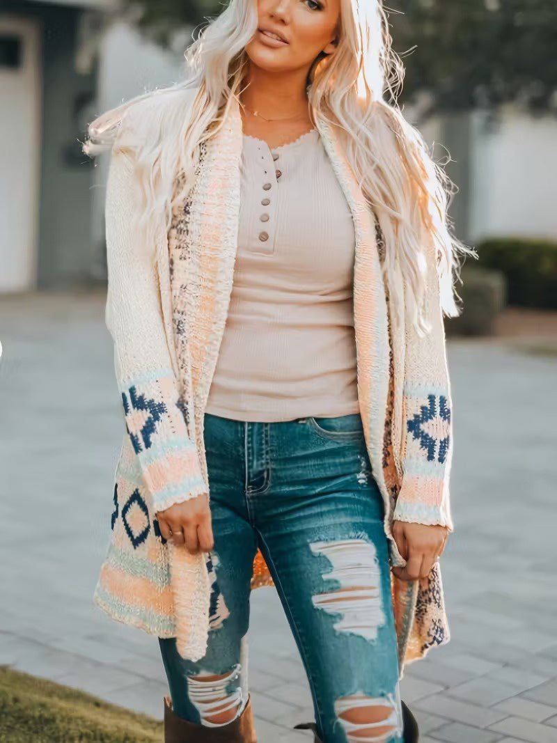 Women's Open-Front Cardigan with Geometric Pattern