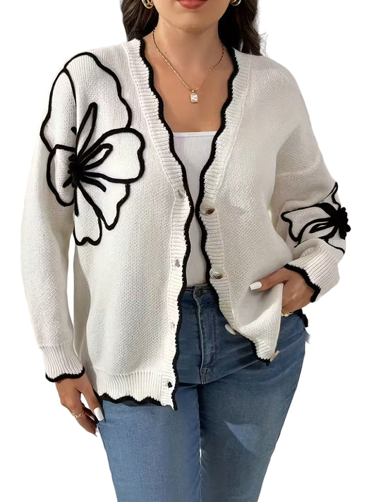 Women's V-Neck Cardigan with Floral Decorations